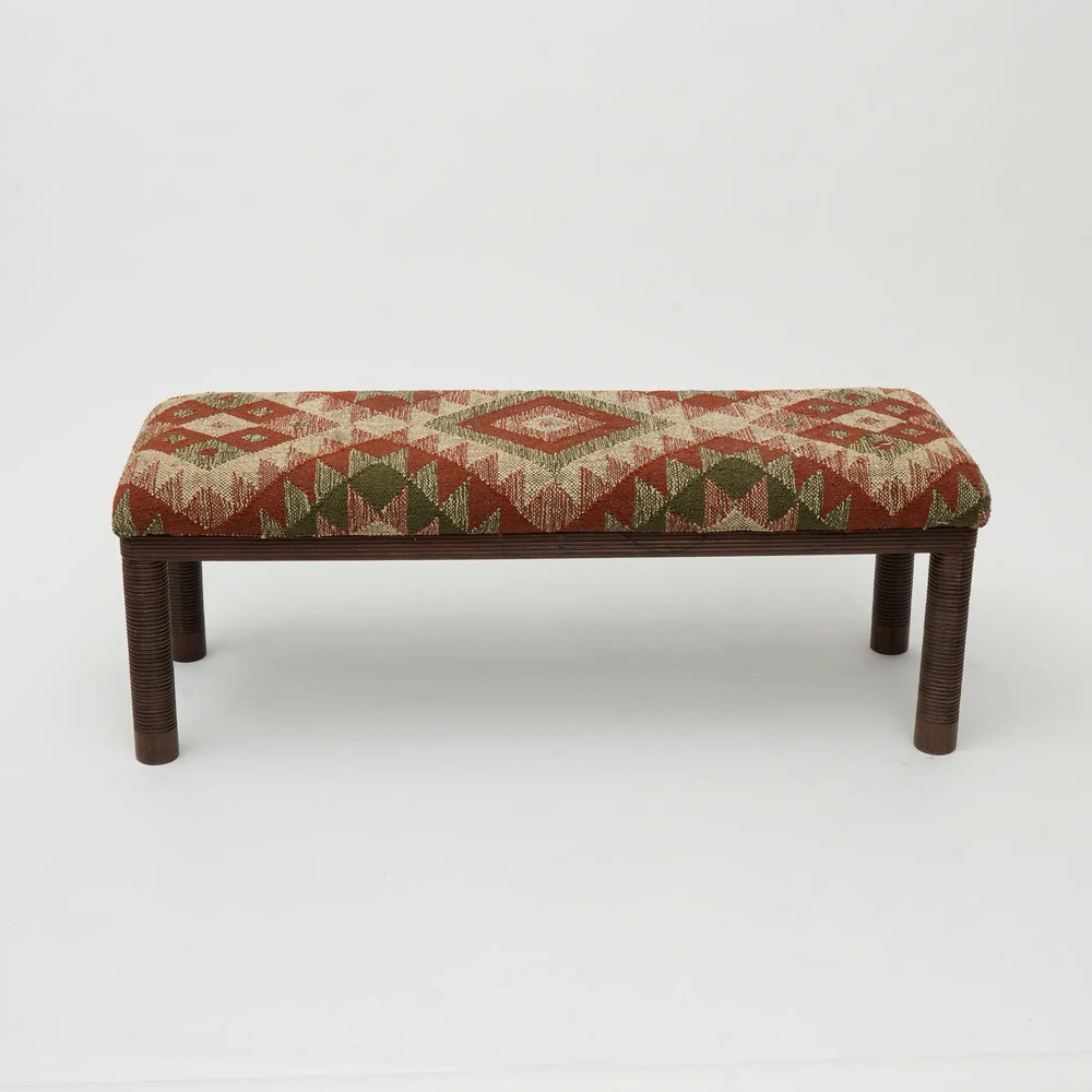 English Elm Kilim Upholstered Wooden Bench with Handwoven Multi Fabric, Rustic Durable Entryway Seating 47.5" B346P320757