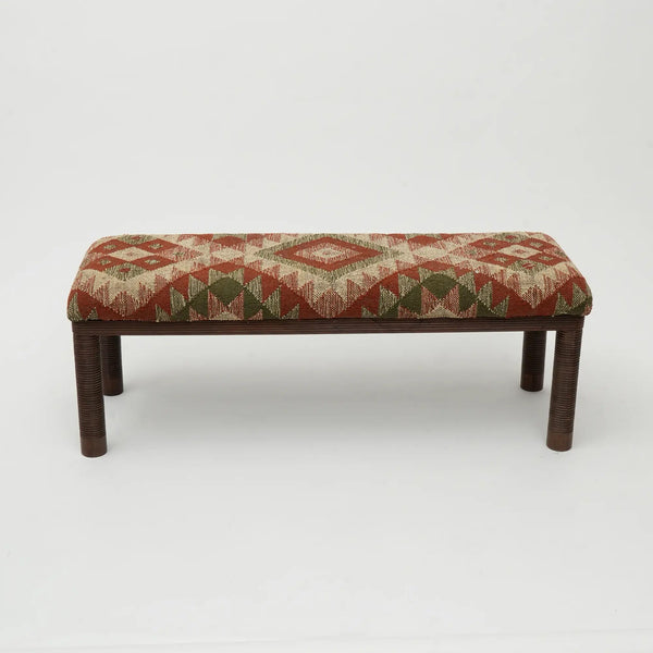 English Elm Kilim Upholstered Wooden Bench with Handwoven Multi Fabric, Rustic Durable Entryway Seating 47.5" B346P320757