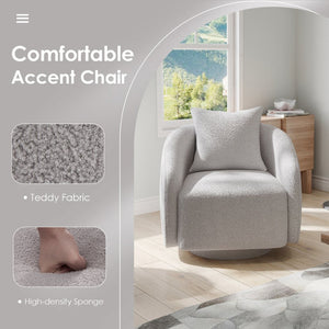 English Elm Swivel Barrel Armchair in Teddy Fabric with Lumbar Pillow and Solid Wood Legs Gray T3623P430693