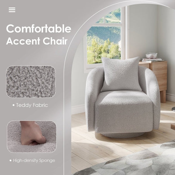 English Elm Swivel Barrel Armchair in Teddy Fabric with Lumbar Pillow and Solid Wood Legs Gray T3623P430693