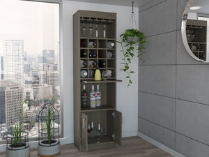 English Elm Kava Smokey Oak Bar Cabinet with Retractable Serving Tray, 16 Bottle Cubbies & 12 Glass Rack B070S00107