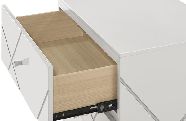 English Elm 1pc Modern Geometric Chest of Drawers with High-Gloss Finish, Sleek Hardware, Spacious Storage and Style White 34.3 L x 21.3 W x 47 H B2741P323488