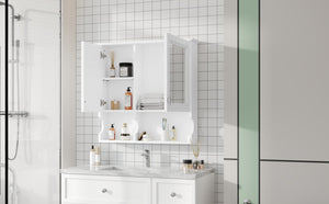 English Elm 30 30 Inch Mirror Medicine Cabinet with Half-Moon Design, Soft-Close Hinges, Open Shelf & Solid-Wood Frame White N710P322812K