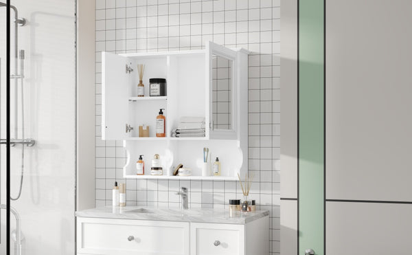English Elm 30 30 Inch Mirror Medicine Cabinet with Half-Moon Design, Soft-Close Hinges, Open Shelf & Solid-Wood Frame White N710P322812K