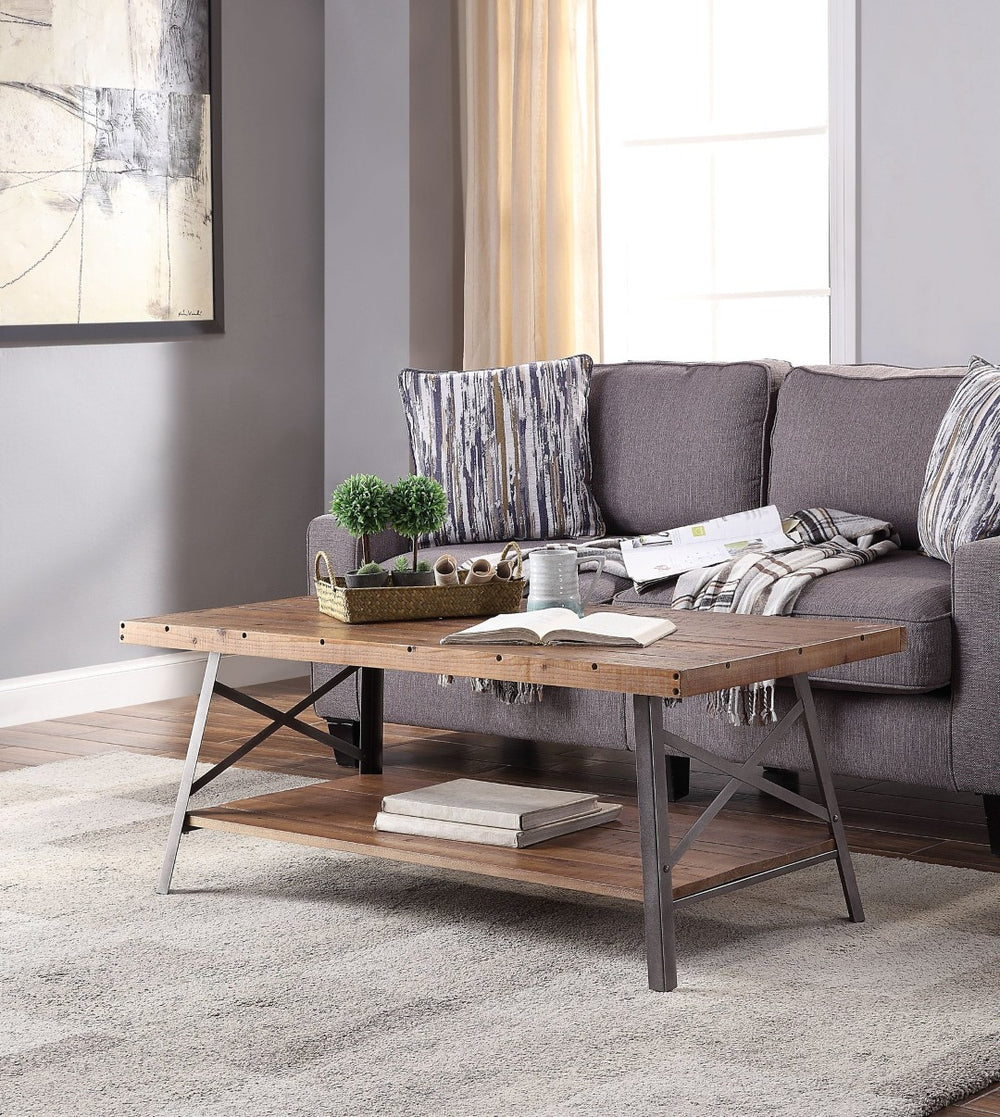 English Elm Ikram Industrial Pine Veneer Coffee Table with Open Shelf and X-frame Metal Base B2726P448746