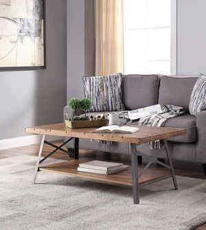 English Elm Ikram Industrial Pine Veneer Coffee Table with Open Shelf and X-frame Metal Base B2726P448746