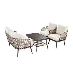 English Elm Christopher Knight Home® - 4-Piece Outdoor Patio Set with Woven Rope U-Back, Steel Frame, Thick Cushions & Acacia Table for Garden Brown+Beige N780P209458R