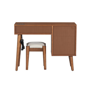 English Elm 39" Retro Bohemian Makeup Vanity Set with Rattan Drawers, USB Charging Port, Cushioned Stool, 4-Drawer Storage Walnut 44.1 L x 18.75 W x 10.5 H N733P180011D