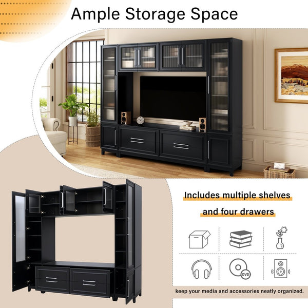 English Elm Vibe Haus Fluted Glass Wall Unit Tall Mdf Entertainment Console for Living Room N893S000011B