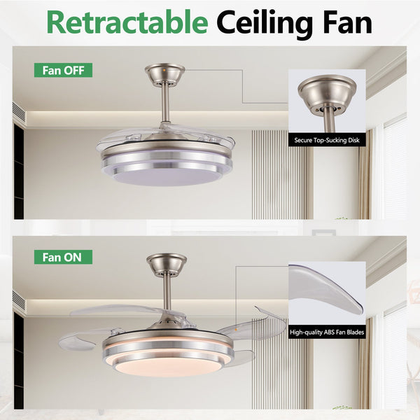 English Elm 42 Modern 3-Tier LED Ceiling Fan with Remote, Retractable Blades, 6-Speed DC Motor, Brushed Nickel Finish W1340P272388