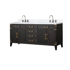 English Elm Black Oak Double Bath Vanity With 72" Carrara Marble Top, Faucet Set & Soft-Close Drawers Included B2731P260952