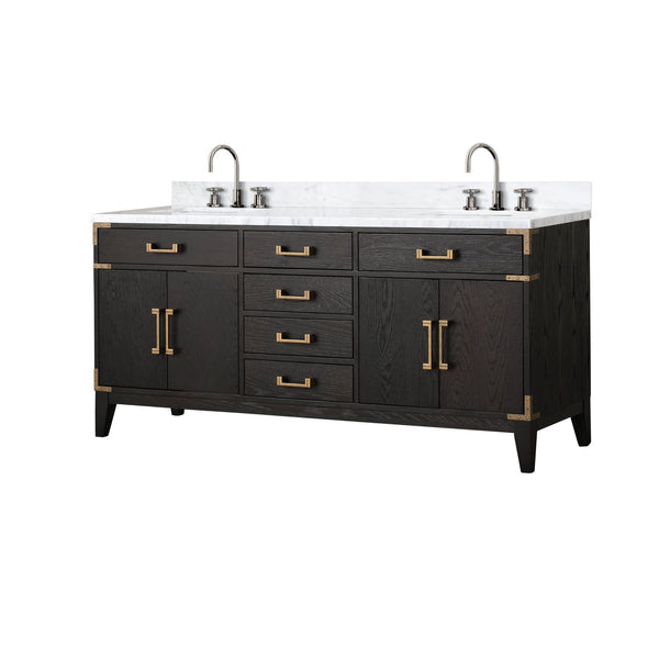 English Elm Black Oak Double Bath Vanity With 72" Carrara Marble Top, Faucet Set & Soft-Close Drawers Included B2731P260952