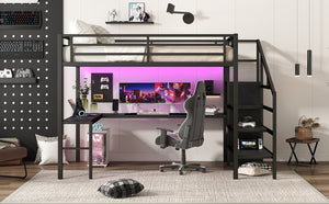 English Elm Twin Xl Metal Loft Bed with Stair Storage Shelves Sturdy Steel Frame for Dorms W1580S00545