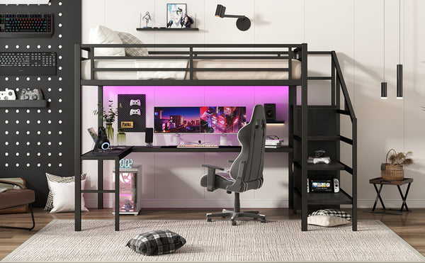 English Elm Twin Xl Metal Loft Bed with Stair Storage Shelves Sturdy Steel Frame for Dorms W1580S00545