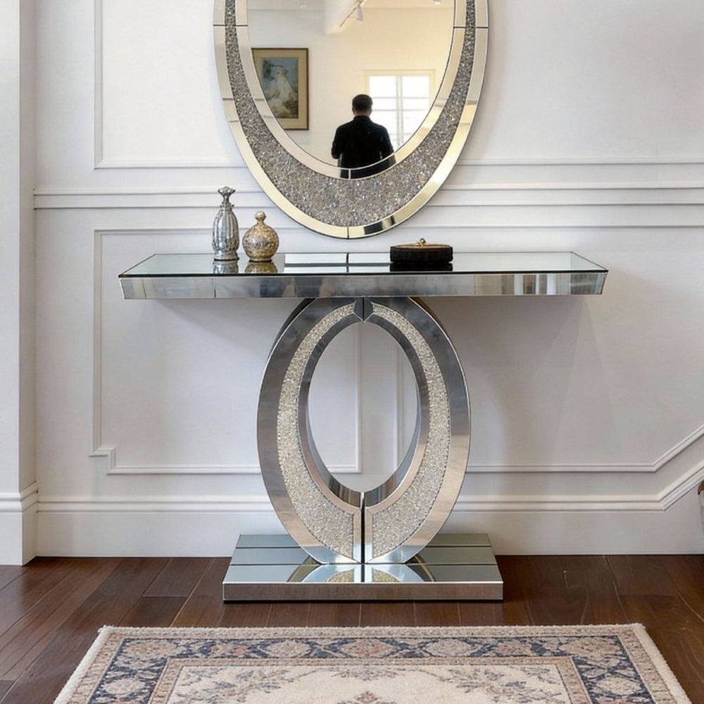 English Elm Mirrored Olive Console Table Crushed Diamante Glass Glam Hallway Entryway Accent W3836P427990