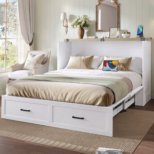 English Elm Murphy Full-Size Cabinet Bed with Built-In Charging Station, Storage Drawer & 700lb Capacity Comfort White 57.25 L x 27 W x 6 H N733S293997W
