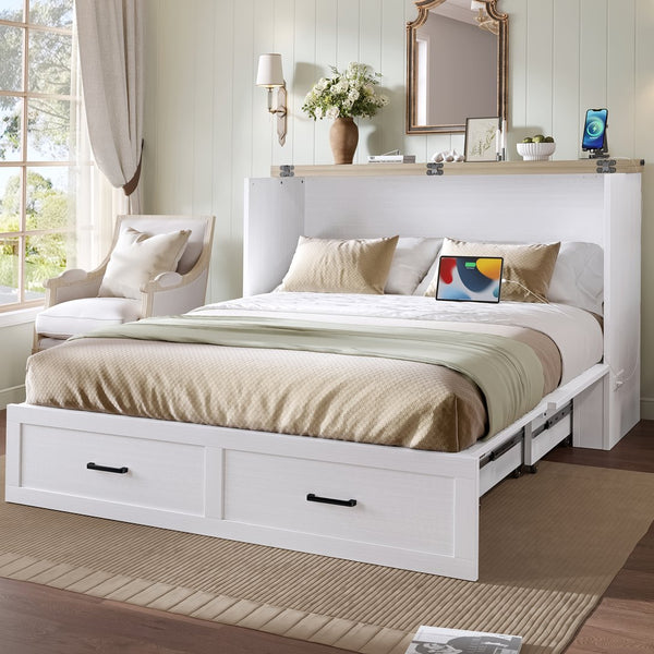 English Elm Murphy Full-Size Cabinet Bed with Built-In Charging Station, Storage Drawer & 700lb Capacity Comfort White 57.25 L x 27 W x 6 H N733S293997W