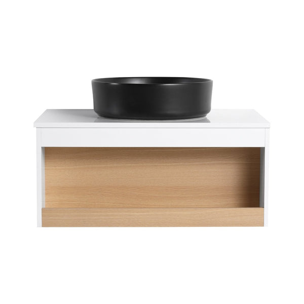 English Elm 30" Floating Wall Mount Bathroom Vanity Open Shelf Ceramic Vessel Sink Modern White Black,White + Light Oak W3450S00057