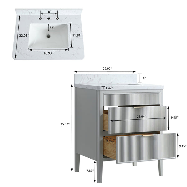 English Elm Fully Assembled 30'' Grey Freestanding Bathroom Vanity With Marble Top & Dual Handle Sets - Ready To Use! W1826P308972