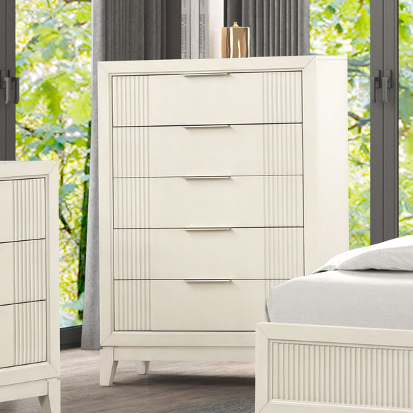 English Elm 1pc Chest Transitional Weathered Finish 5-Drawer Tall Dresser with Dentil Molding and Metal Knobs Antique White 40 L x 20 W x 52 H B2741P370394