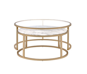 English Elm Shanish Faux Marble & Gold Nesting Tables — 2-Piece Drum Shape, Clear Glass Tops, Modern Luxe Decor B2726P251280