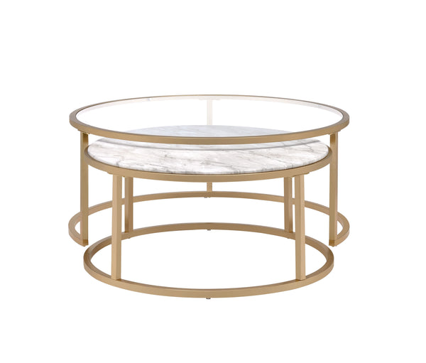 English Elm Shanish Faux Marble & Gold Nesting Tables — 2-Piece Drum Shape, Clear Glass Tops, Modern Luxe Decor B2726P251280