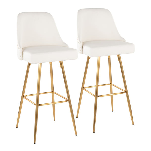 English Elm Fixed-height Barstools with Gold Nailhead Trim White Faux Leather Frame Set of 2 B202S01949