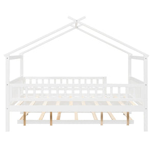 English Elm Full Size Pine House Bed with Roofline Frame and Roll Out Twin Trundle for Kids LP100306AAK