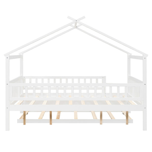English Elm Full Size Pine House Bed with Roofline Frame and Roll Out Twin Trundle for Kids LP100306AAK
