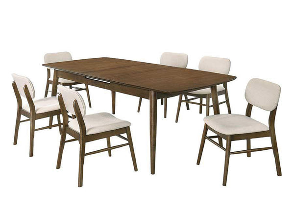 English Elm 7pc Modern Rectangular Dining Set with 8" Butterfly Leaf, Upholstered Chairs, Brown Finish, 71-79" B011S02020