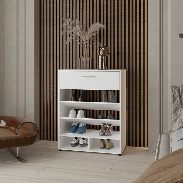 English Elm Mackay Shoe Organizer with Drawer & Cubbies, White Engineered Wood, Compact Entryway Storage Unit B092P309164