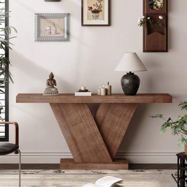 English Elm 66" Mid-century X-leg Console Oak Wash Veneer Entryway Sofa Table Geometric Base Walnut W1435P337637