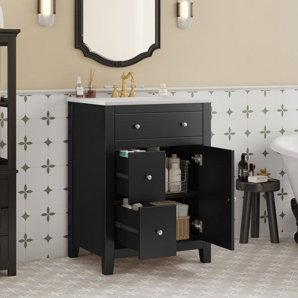 English Elm 24" Modern Bathroom Vanity with Ceramic Basin, French Country Cross-Grid Design & Soft-Close Drawers Black N710P280655B