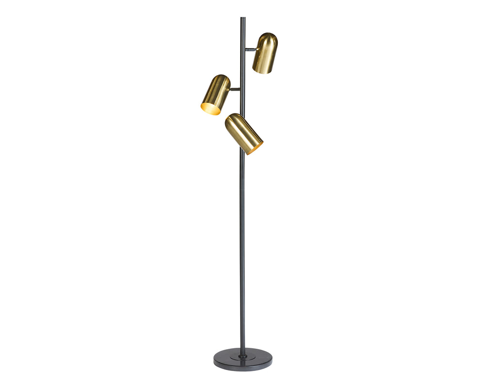 Sunpan Tarlo Mid-Century Floor Lamp with Black Metal Frame and Brass Shades for Timeless Elegance