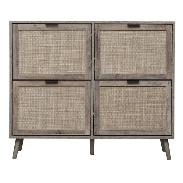 English Elm 4 Door Rattan Shoe Cabinet with Pine Legs Slim Entryway Storage Modern Style W688P173281
