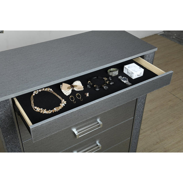 English Elm Lorenzo Elegant Chest with Hidden Jewelry Compartment, Acrylic Bar Handle and Glittered Detailing for Luxe Storage Silver 38.58 L x 18.5 W x 52.95 H B201P298427