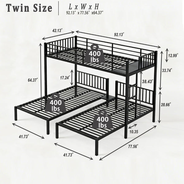 English Elm Triple Bunk Bed Steel Frame Sleeps Three Kids with Noise Reduced Powder Coated Design W3752S00003