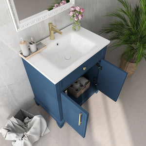 English Elm 27.8" Mid-century Freestanding Bathroom Vanity with Ceramic Sink Drawer and Wood Base Blue W1801S00005