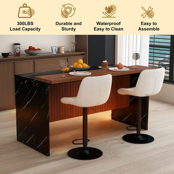 English Elm 63" Contemporary Kitchen Island Set With Beige Bar Stools, Led Lighting & Stylish Black Marble Top W2699S00073