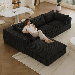 English Elm 118.2" Cloud Sofa - Luxurious Black Corduroy, Modular Design, Deep Seats & Removable Cushions For Any Space W2824S00112