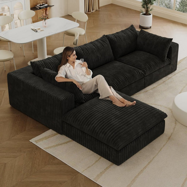 English Elm 118.2" Modular Cloud Sofa Corduroy Upholstered Deep Seat Lounge for Living Room Black W2824S00181
