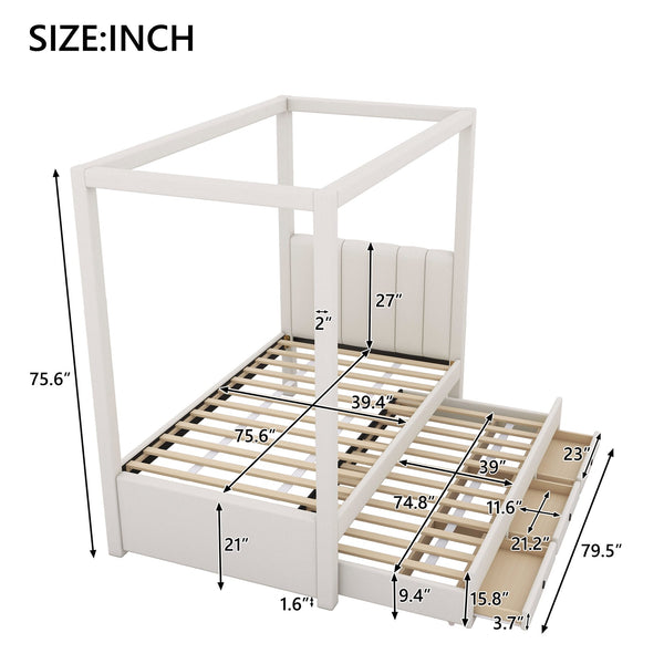 English Elm Twin Upholstery Canopy Platform Bed with Trundle & 3 Storage Drawers, Beige — Modern Pine Frame, 75.6"H DL001916AAA