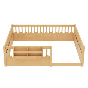 English Elm Queen Low Profile Kids Floor Bed with Guardrails Bookshelf and Pine Wood Frame Natural W1580P373143