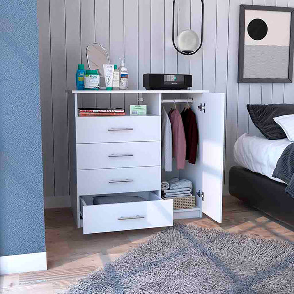 English Elm 4 Drawer Dresser with Open Shelf and Single Door Cabinet, Engineered Wood, Spacious Storage Appeal White 37 L x 20 W x 5 H B097S00108
