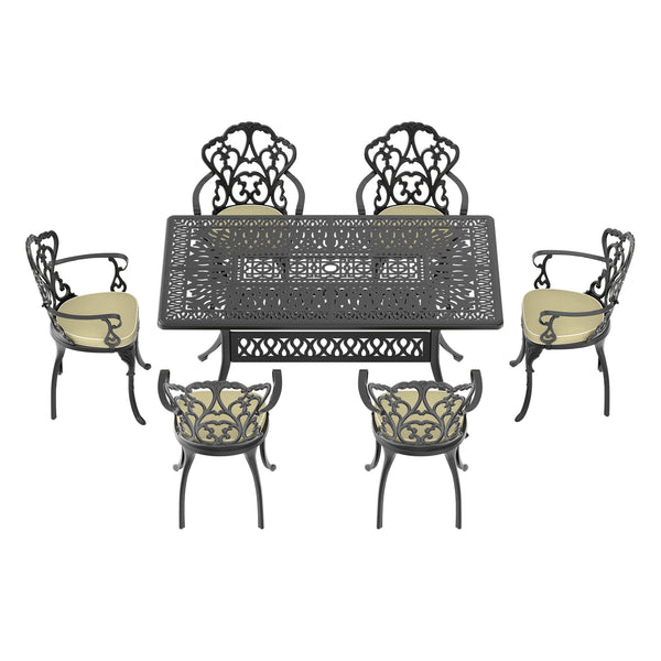 English Elm (Cushions) 7-Piece Cast Aluminum Patio Dining Set With Ergonomic Chairs & Random Off-White Cushions W1710S00400