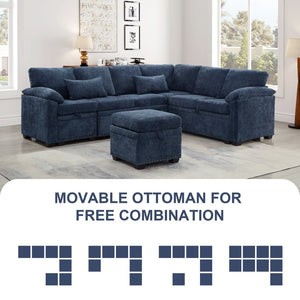 English Elm 97 Inch L-shaped Chenille Sectional Sofa with Sleeper Storage Ottoman 7 Seats Dark Blue W1669S00019