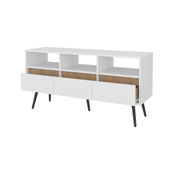 English Elm White White and Natural Oak TV Stand with 3 Drawers, 3 Shelves — Modern Rustic Entertainment Center for Organized Living Room Storage B062P290223