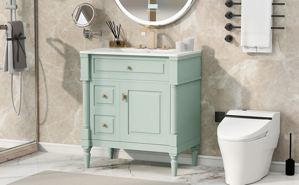 English Elm 30" Freestanding Bathroom Vanity Rubberwood Frame Ceramic Sink Flip Drawer Storage Green N725P356062F