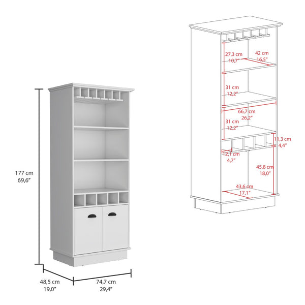 English Elm Dundee Tall White Bar Cabinet with Glass Panel Doors Open Cubbies and Display Shelves B200S00385