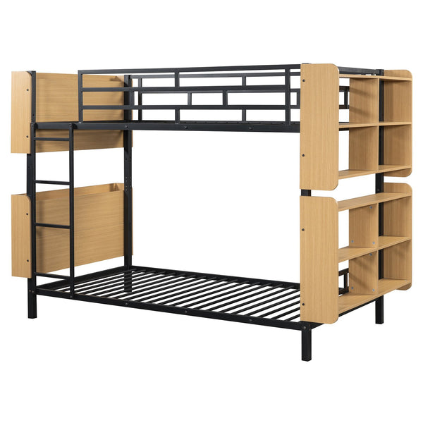 English Elm Twin Metal Bunk Bed with Built-In Headboard Storage and Footboard Shelves, Sturdy Space-Saving Design Black SF000176AAB